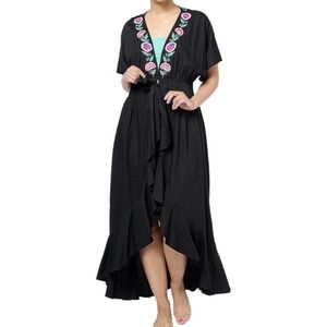 America & Beyond Caftan Women's XL Black Floral Embroidery Boho Chic Resort Wear